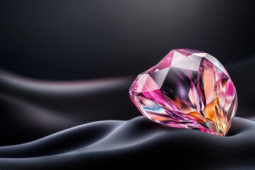 Poster - A hyper-realistic image of a rare, vividly colored gemstone sitting on a black velvet surface, with its facets reflecting intricate patterns of light