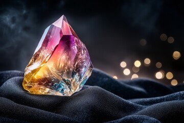 Poster - A hyper-realistic image of a rare, vividly colored gemstone sitting on a black velvet surface, with its facets reflecting intricate patterns of light