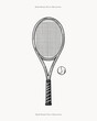© KOSIM - Hand-drawn vintage-style tennis racket and ball illustration. Perfect for sports branding, posters, merchandise, instructional materials, and retro-themed tennis designs.