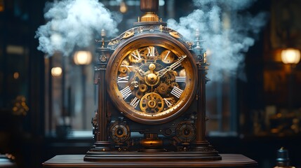 Wall Mural - Dynamic steampunk grandfather clock crafted from dark wood with rotating gears and decorative cogs The pendulum a small steam engine hisses softly as it swings creating a lively ambiance