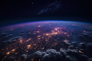Wall Mural - Futuristic city aerial view at night. Structure of sci-fi metropolis with neon lights from the bird view