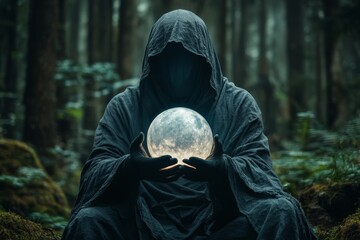 Poster - A magical glowing orb held by a cloaked figure, illuminating their face and surroundings with soft, otherworldly light
