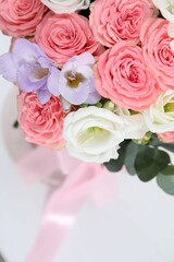 Wall Mural - Beautiful wedding bouquet on light background, closeup. Space for text