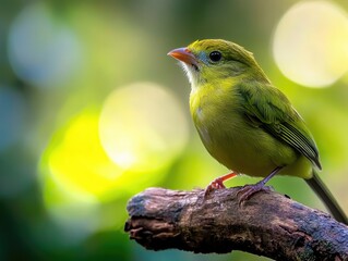 Wall Mural - green bird perched on branch with bokeh background in natural setting