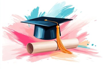 Aufkleber - A minimalist illustration of a graduation cap placed on a diploma scroll, drawn with clean lines and soft neutral tones