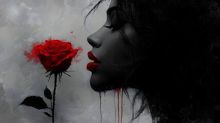 Poster - Faint wispy pencil sketch in black and white of a womans silhouette her red lips and a red rose dripping with vivid color hyperrealistic detailing in a smokey mystical atmosphere