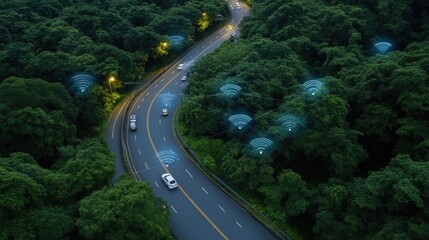 Poster - Multiple self-driving cars navigate a city road, using advanced connectivity signs to enhance data transfer amid green parks and trees