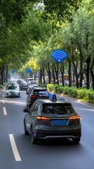 Poster - Multiple self-driving cars navigate a city road, using advanced connectivity signs to enhance data transfer amid green parks and trees