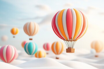 Poster - A playful 2D illustration of a brightly colored hot air balloon floating high above smaller ones, set against a white background