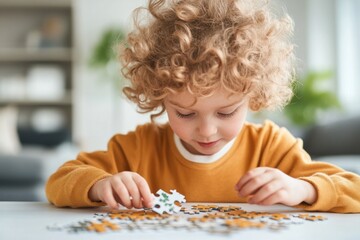Poster - A playful 2D illustration of a child carefully placing the last piece of a jigsaw puzzle, with vibrant colors and a clean white canvas
