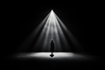 Poster - A simple, clean representation of a spotlight shining on a single standing figure, with the rest of the area dimmed
