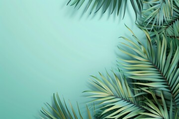 Poster - tropical palm leaves arranged on a vibrant turquoise background, creating a refreshing and exotic bo
