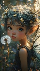 Poster - Fairylike child with big expressive eyes messy green and silver curly hair tied in a bun blows on a dandelion Her delicate wings shimmer as the seeds float in an enchanted garden bathed in warm light