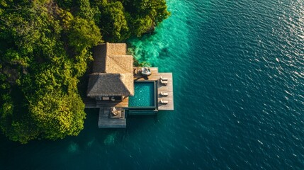 Wall Mural - Tropical Hideaway: A breathtaking aerial view of a luxurious resort on a remote island, surrounded by shimmering turquoise waters and lush greenery, capturing a piece of paradise.