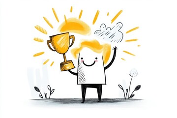 Poster - A stylized 2D drawing of a person holding a trophy high above their head, symbolizing success and focus, set against a clean white canvas