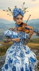 Poster - Female character with blue and white porcelain patterns branches sprouting from her hair playing violin on a high rock hill during sunset her tattoos depicting serene landscapes mountains and water