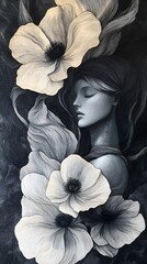 Poster - Female figure artistically entwined with large petals flowing lines create a sense of motion set against a dark background portraying themes of growth and the essence of natural beauty