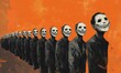 © jambulart - Row of figures with masks, orange backdrop.