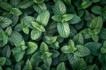 Wall Mural - Close up of vibrant green mint leaves creating a lush, dense pattern, ideal for nature themed backgrounds