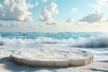 Wall Mural - Relaxing sandy beach with gentle waves and fluffy clouds under a bright sky