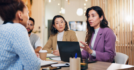 Poster - business woman, laptop and group at startup, meeting and documents for budget review, discussion and