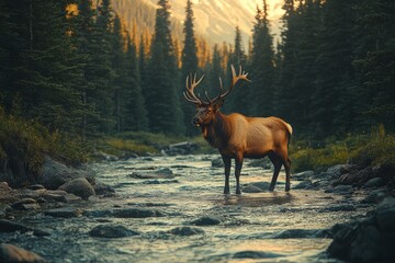 Canvas Print - Majestic elk stands in tranquil stream surrounded by towering trees at sunset