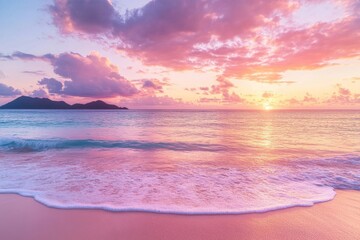 Wall Mural - Colorful sunset over tranquil ocean waves and distant islands along a serene beachside