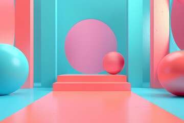 Aufkleber - Pink coral and turquoise abstract stage with geometric shapes, spheres and empty pedestal displaying products