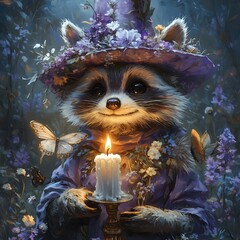 Poster - Fluffy creature resembling a raccoon adorned in a tall purple and white hat with flowers holds a glowing candle Two more candles flicker nearby purple flowers and a white butterfly enhance the scene