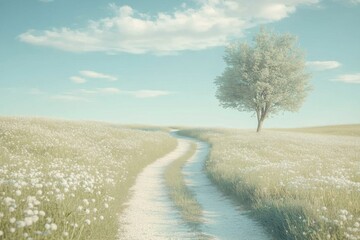 Wall Mural - Serene winding path through a flowering field with a solitary tree under a bright blue sky during daytime