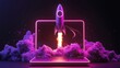 © Philipp - A rocket launching from a laptop screen, surrounded by neon purple smoke, symbolizing digital innovation and startup growth. Perfect for business, technology, and marketing themes.