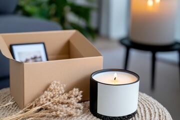 Wall Mural - A beautifully styled setup featuring a glowing candle beside a minimalist box, adding a warm touch and inviting atmosphere to the space with dried flowers.