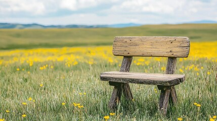 Wall Mural - Serene Wooden Bench Amid Lush Green Field of Wildflowers Under Soft Blue Sky