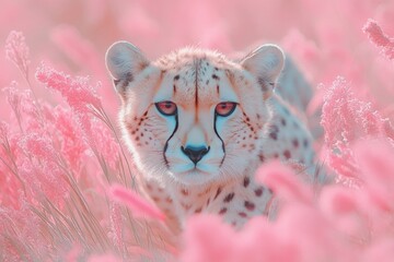 Canvas Print - Cheetah resting among vibrant pink flowers in an enchanting meadow at sunset