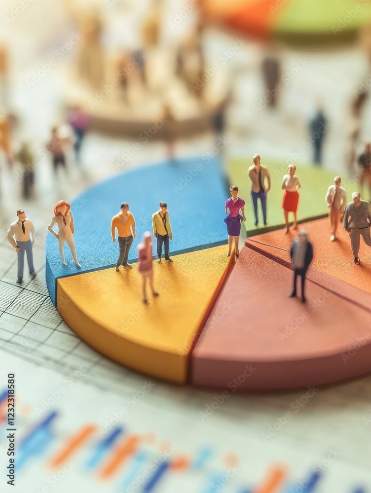 Market segmentation analysis illustrated with pie charts, miniature