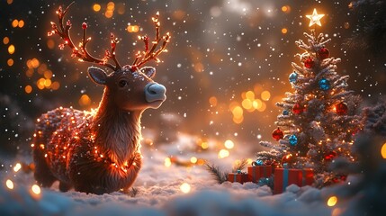 Poster - Fluffy reindeer adorned with glowing lights in shades of red blue and green Soft snowflakes fall and a small decorated tree with shining star stands beside colorful presents in the snow