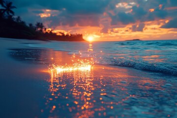 Wall Mural - Stunning sunset glow reflecting on ocean waves creates a magical atmosphere at the beach in the evening