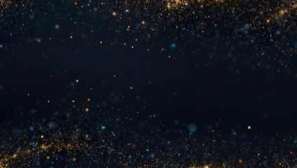 a dark, abstract background with gold and light blue particle effects framing a center black strip.