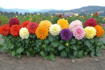 Wall Mural - Colorful dahlia flowers blooming in a field during a sunny day in a rural area