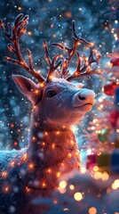Poster - Fluffy reindeer tangled in colorful Christmas lights standing in a snowy scene with glowing snowflakes A decorated Christmas tree with presents sits nearby vibrant and festive in style