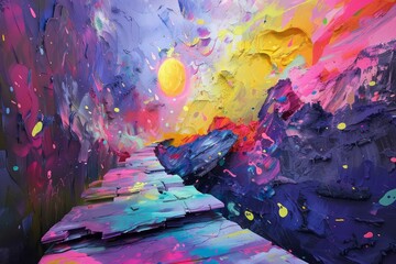Aufkleber - Colorful impasto painting depicting a surreal landscape with a vibrant path leading towards a bright sun, evoking a sense of wonder and journey