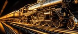 Golden steam locomotive train traveling on shiny tracks with glowing light streaks.
