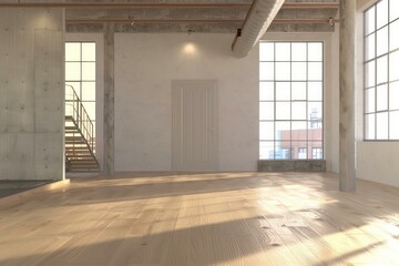 Poster - sunlight illuminates the wooden floor of an empty industrial style loft