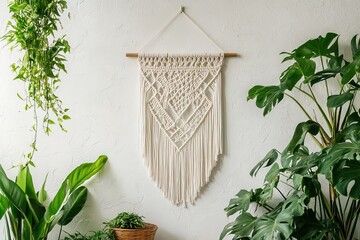 front view hand made macrame hanging with intricate patterns, surrounded by green home plants and a white textured wall