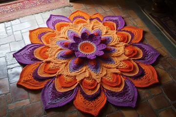 Poster - A large, colorful flower-shaped crochet pattern is spread on the floor of an Indian temple