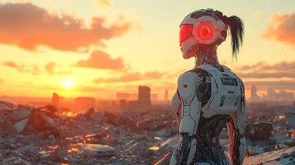 Fototapete - Futuristic 3D cartoon woman with a mix of black strands of hair DAB pose silver plug suit with mecha components standing on rubble with destroyed buildings behind her glowing red headset sunset scene