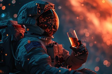 Wall Mural - close-up astronaut in a spacesuit and helmet holding glass of wine on bright universe blurred backgr
