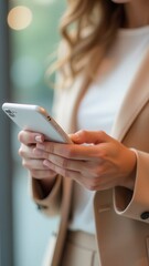 Poster - Businesswoman using smartphone, browsing internet, reading news, checking email
