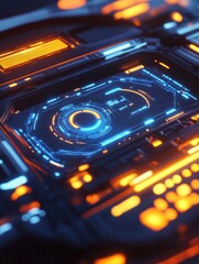 Poster - Glowing car hologram interface on dark blue background. Transport diagnostics and futuristic technology concept. 3D Rendering.