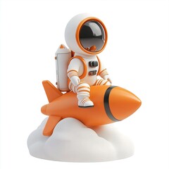 Wall Mural - cute little 3d cartoon illustration astronaut in white spacesuit and helmet sitting on a flying oran